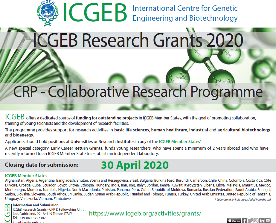 APPLICATION FOR COLLABORATIVE RESEARCH PROGRAMME (CRP) , INTERNATIONAL CENTRE FOR GENETIC ENGINEERING AND BIOTECHNOLOGY (ICGEB) RESEARCH GRANTS 2020