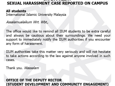 SAFETY ALERT - SEXUAL HARASSMENT CASE REPORTED ON CAMPUS