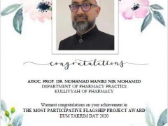 HEARTFELT CONGRATULATIONS TO ASSOC. PROF. DR. MOHAMAD HANIKI NIK MOHAMED FOR THE MOST PARTICIPATIVE FLAGSHIP PROJECT AWARD RECEIVED IN IIUM TAKRIM DAY 2020