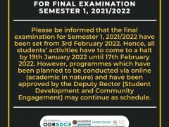 ​A HALT TO STUDENTS' ACTIVITIES FOR FINAL EXAMINATION SEMESTER 1, 2021/2022