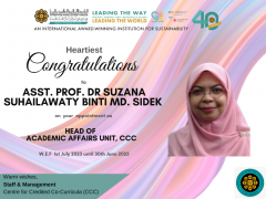 CONGRATULATION! ASST. PROF. DR. SUZANA SUHAILAWATY BINTI MD. SIDEK ON YOUR APPOINTMENT AS HEAD OF AAU, CCC