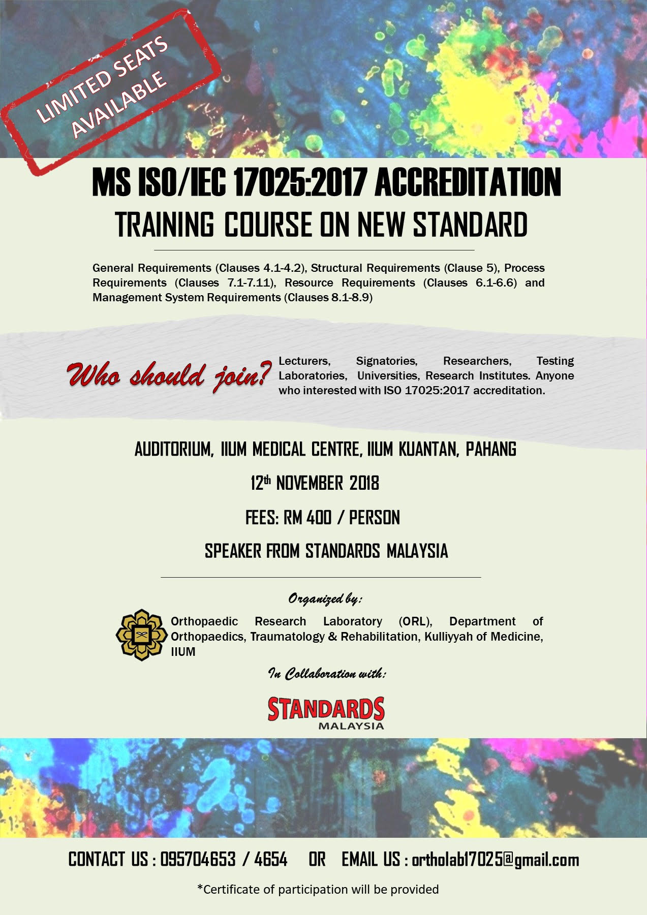 Invitation to "MS ISO/IEC 17025:2017 ACCREDITATION; TRAINING COURSE ON NEW STANDARD"