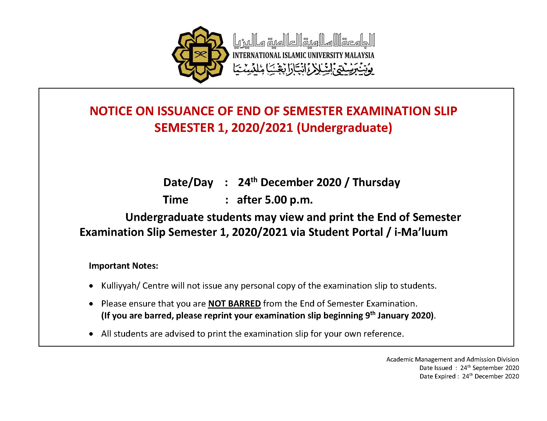 Notice Exam Slip Sem1 2020 2021