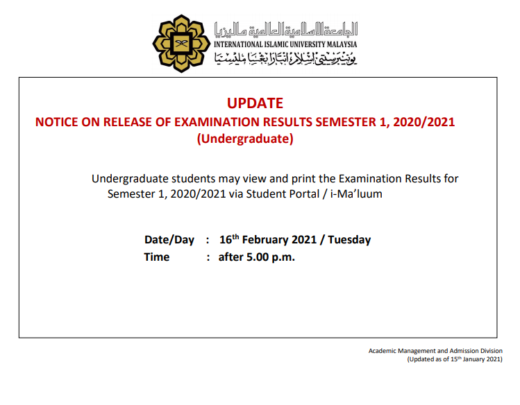 Notice On Release Of Examination Results Semester 1 2020 2021 Undergraduate